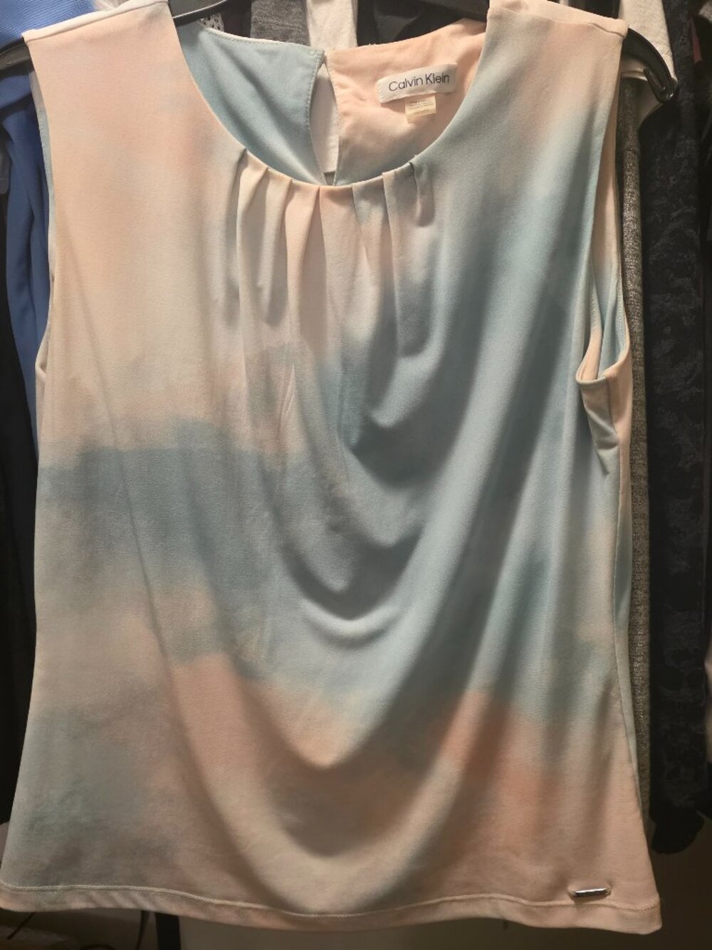 Calvin Klein Pastel Tie Dye Pleated Neck Sleeveless Blouse
